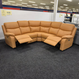 Sussex Leather Corner Lounge with Recliners in tan in The A2Z Furniture showroom with both end recliners extended, showing the footrests raised