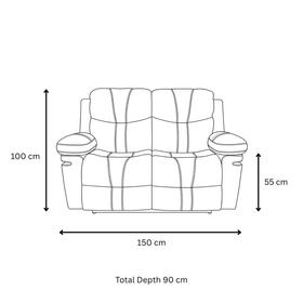 Sutton 2 Seater Air Leather Recliner Lounge dimensions diagram - length 150cm, depth 90cm, height 55-100cm - The A2Z Furniture