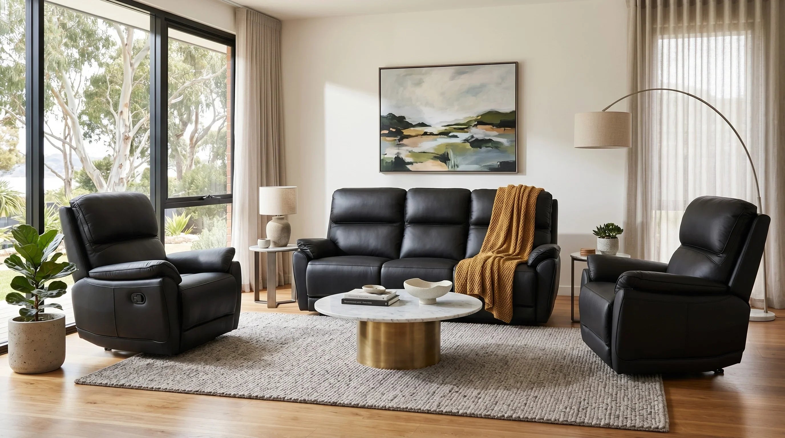 Swan 3+1+1 Black Leather Recliner Package
