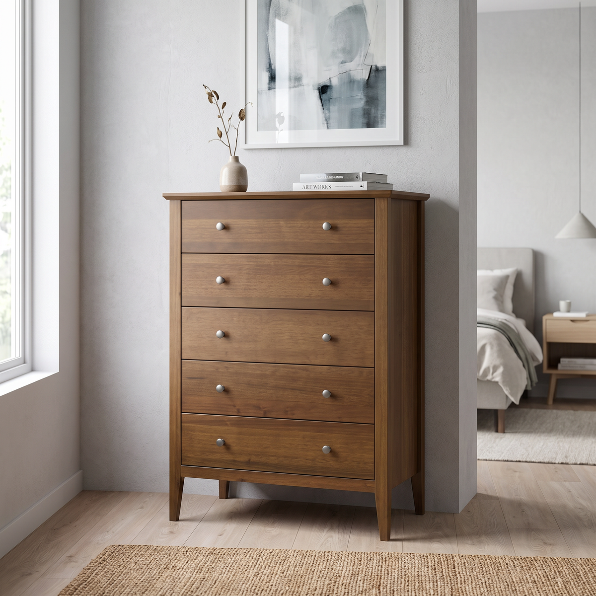 Marina 5 Drawer Tallboy in Smoke messmate timber, styled in a contemporary bedroom