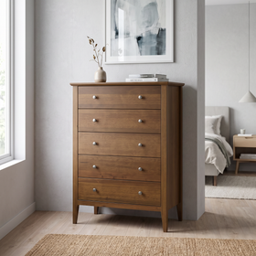 Marina 5 Drawer Tallboy in Smoke messmate timber, styled in a contemporary bedroom