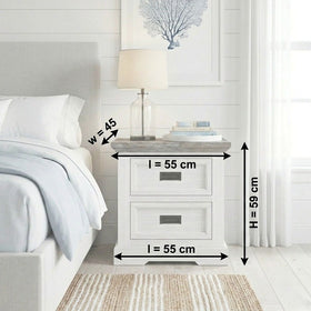 Tasman Bedside Table dimension diagram showing 55cm length, 45cm width and 59cm height