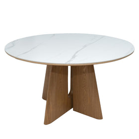 Cypress 120cm round dining table with white ceramic top and natural timber cross-leg base