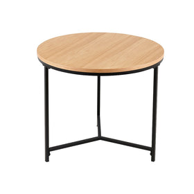 Ledora round table with oak-finish top and black metal tripod legs, front view