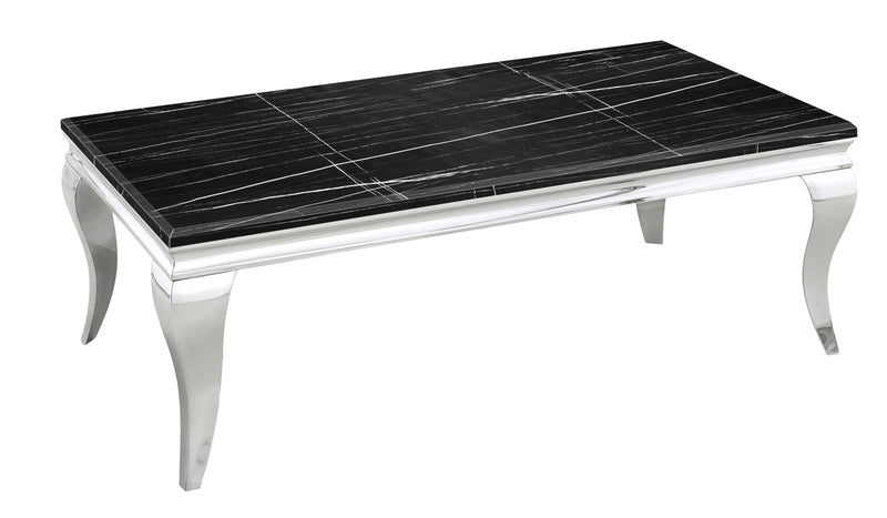 Stylish and modern Zoom Coffee Table by The A2Z Furniture with stainless steel frame and options of black glass, black marble, grey marble, and crème marble tops