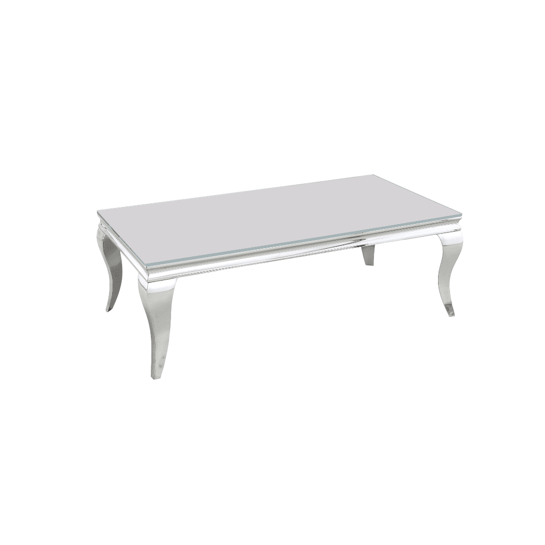 Stylish and modern Zoom Coffee Table by The A2Z Furniture with stainless steel frame and options of black glass, black marble, grey marble, and crème marble tops