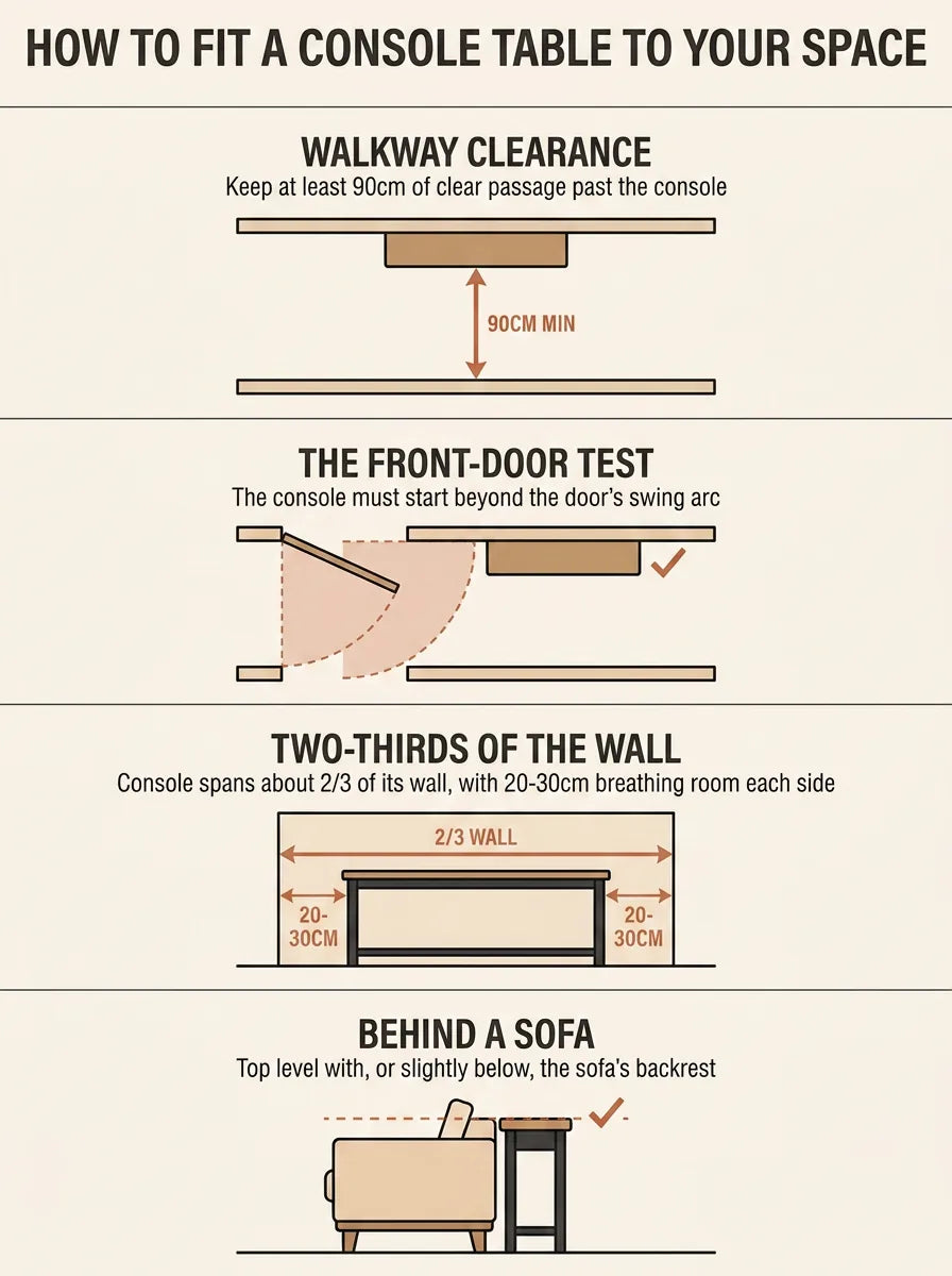 Console table sizing guide: keep at least 90 cm of clear walkway past the console, start the console beyond the front door's swing arc, span about two-thirds of the wall with 20 to 30 cm breathing room each side, and behind a sofa keep the top level with or slightly below the backrest.