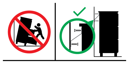 Safety warning pictogram: never let a child stand or climb on the drawers, and always secure the furniture to the wall with an anchor device.