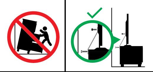 Safety warning pictogram: never let a child climb on the entertainment unit, and always secure the television to the wall with an anchor device.
