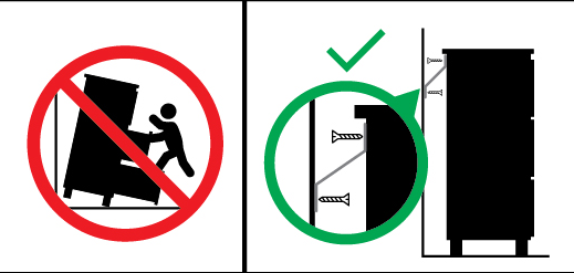 Safety warning pictogram: never let a child stand or climb on the doors, drawers or shelves, and always secure the furniture to the wall with an anchor device.
